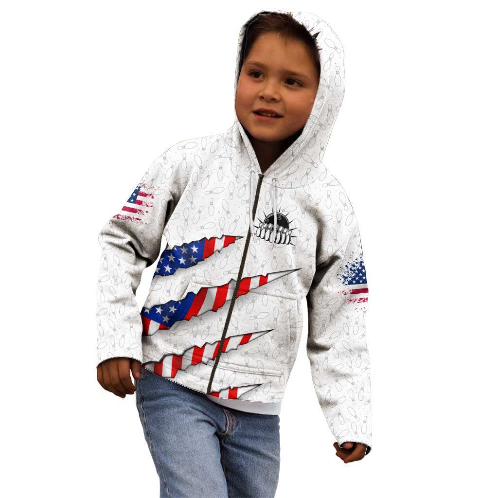 Personalized American Flag Bowling Team Kid Hoodie Pins and Ball Torn Stripes and Patterned White - Wonder Print Shop