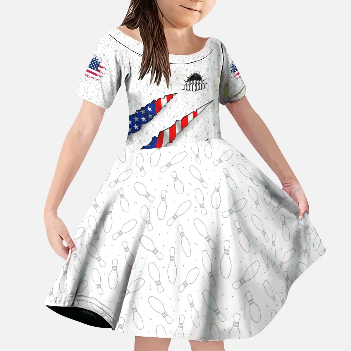 Personalized American Flag Bowling Team Kid Short Sleeve Dress Pins and Ball Torn Stripes and Patterned White - Wonder Print Shop