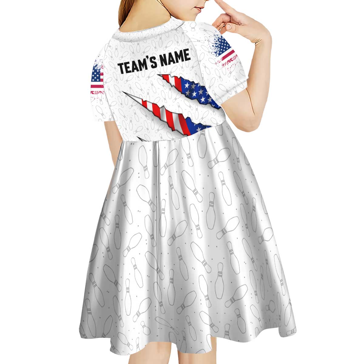 Personalized American Flag Bowling Team Kid Short Sleeve Dress Pins and Ball Torn Stripes and Patterned White - Wonder Print Shop
