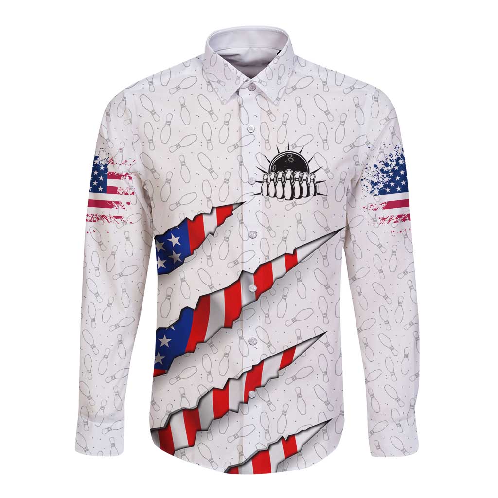 Personalized American Flag Bowling Team Long Sleeve Button Shirt Pins and Ball Torn Stripes and Patterned White - Wonder Print Shop