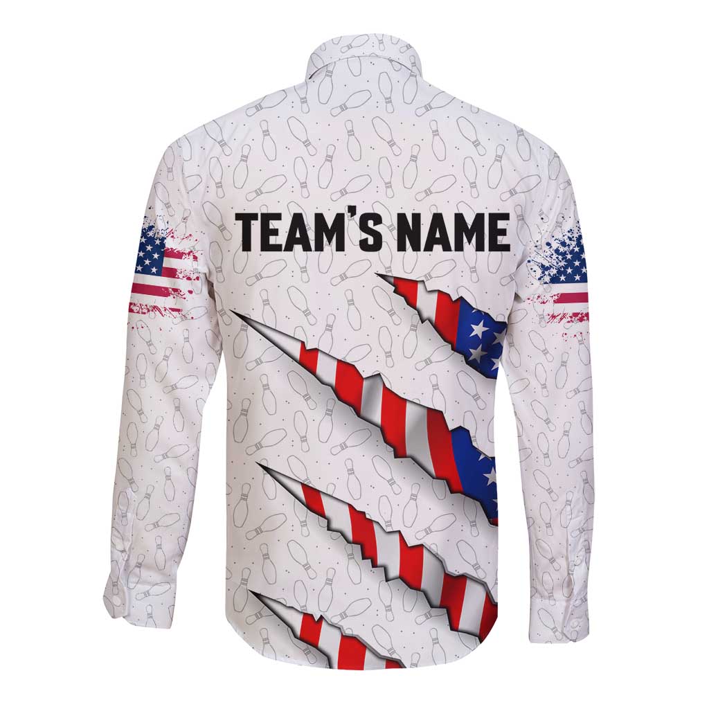 Personalized American Flag Bowling Team Long Sleeve Button Shirt Pins and Ball Torn Stripes and Patterned White - Wonder Print Shop