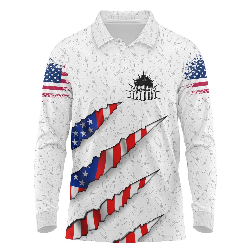 Personalized American Flag Bowling Team Long Sleeve Polo Shirt Pins and Ball Torn Stripes and Patterned White - Wonder Print Shop