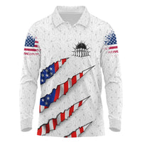 Personalized American Flag Bowling Team Long Sleeve Polo Shirt Pins and Ball Torn Stripes and Patterned White - Wonder Print Shop