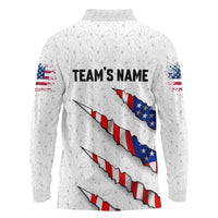Personalized American Flag Bowling Team Long Sleeve Polo Shirt Pins and Ball Torn Stripes and Patterned White - Wonder Print Shop