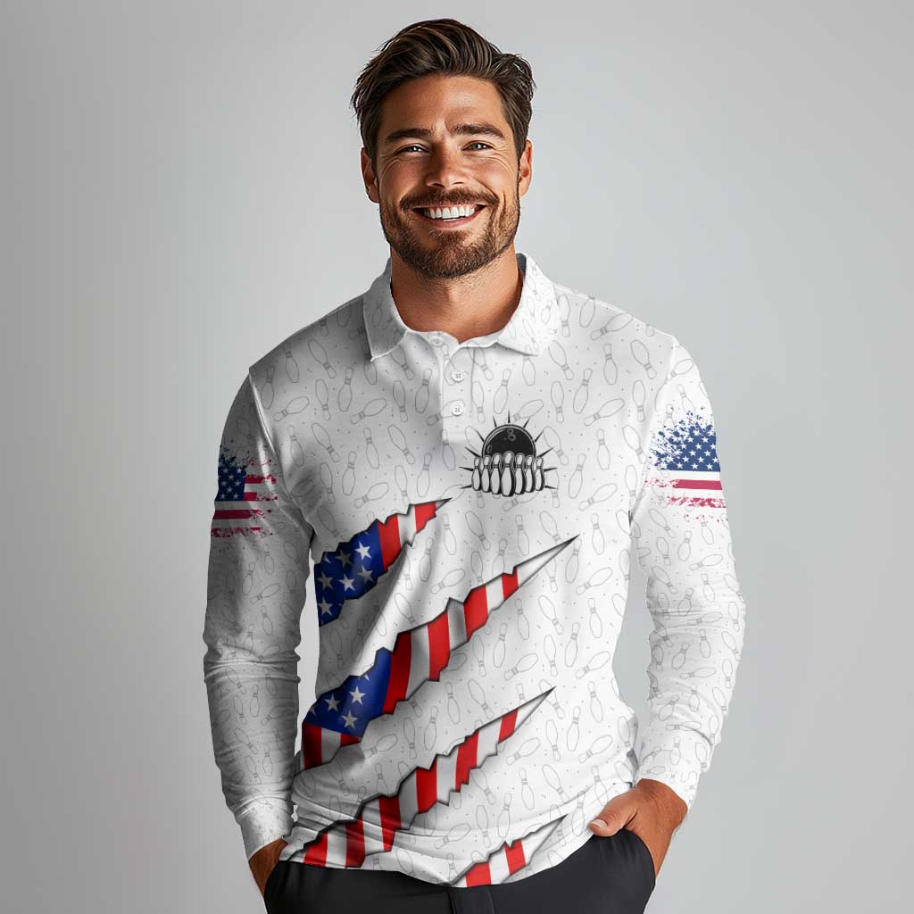 Personalized American Flag Bowling Team Long Sleeve Polo Shirt Pins and Ball Torn Stripes and Patterned White - Wonder Print Shop