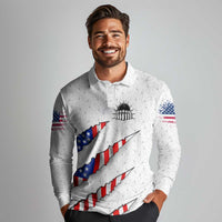 Personalized American Flag Bowling Team Long Sleeve Polo Shirt Pins and Ball Torn Stripes and Patterned White - Wonder Print Shop