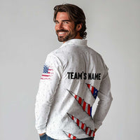 Personalized American Flag Bowling Team Long Sleeve Polo Shirt Pins and Ball Torn Stripes and Patterned White - Wonder Print Shop