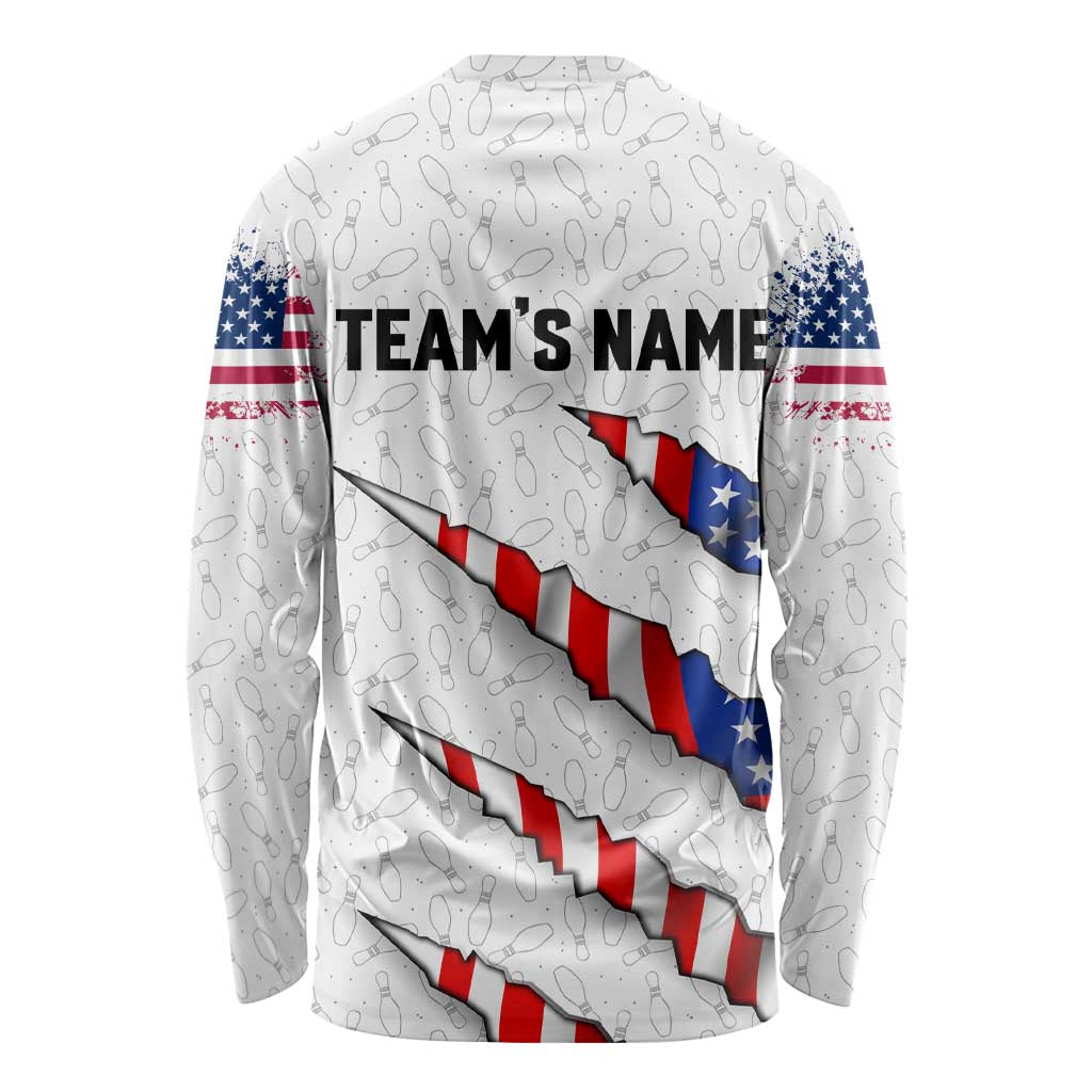 Personalized American Flag Bowling Team Long Sleeve Shirt Pins and Ball Torn Stripes and Patterned White - Wonder Print Shop