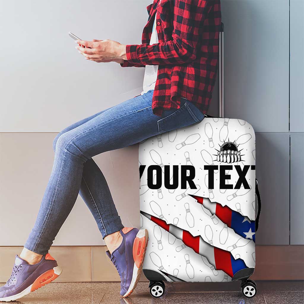 Personalized American Flag Bowling Team Luggage Cover Pins and Ball Torn Stripes and Patterned White - Wonder Print Shop