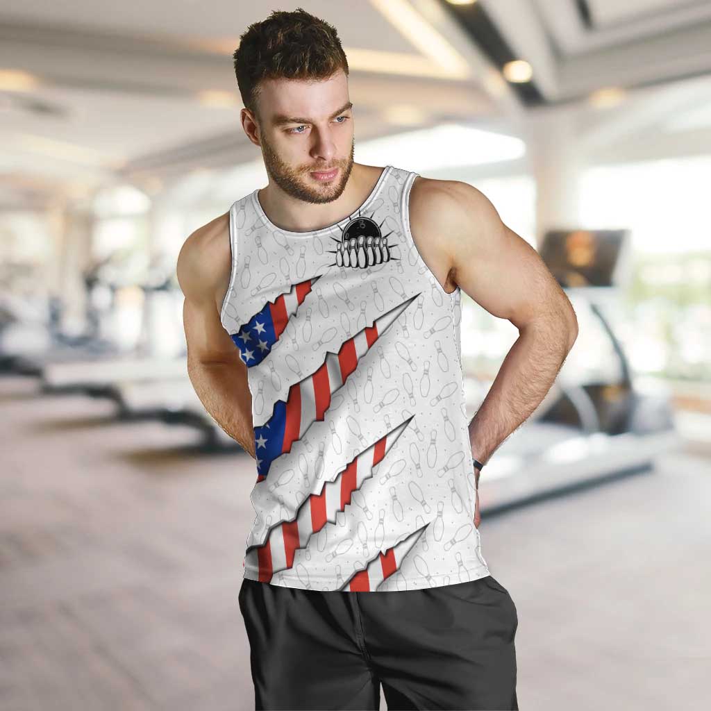 Personalized American Flag Bowling Team Men Tank Top Pins and Ball Torn Stripes and Patterned White - Wonder Print Shop