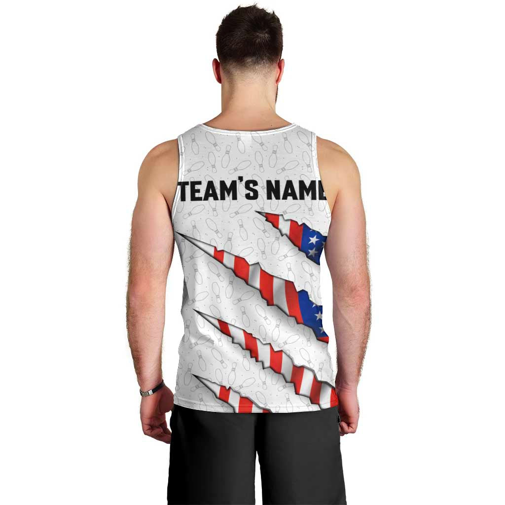 Personalized American Flag Bowling Team Men Tank Top Pins and Ball Torn Stripes and Patterned White - Wonder Print Shop