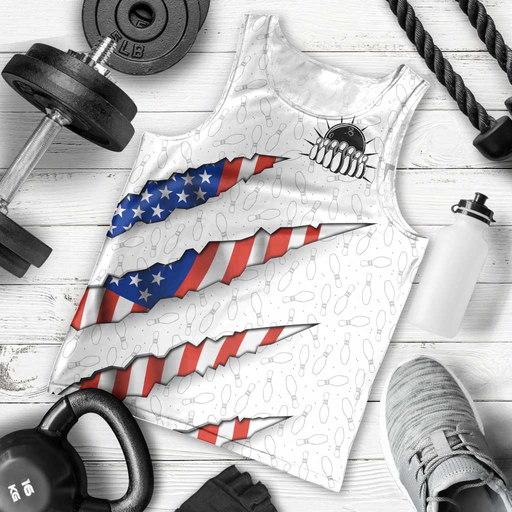 Personalized American Flag Bowling Team Men Tank Top Pins and Ball Torn Stripes and Patterned White - Wonder Print Shop