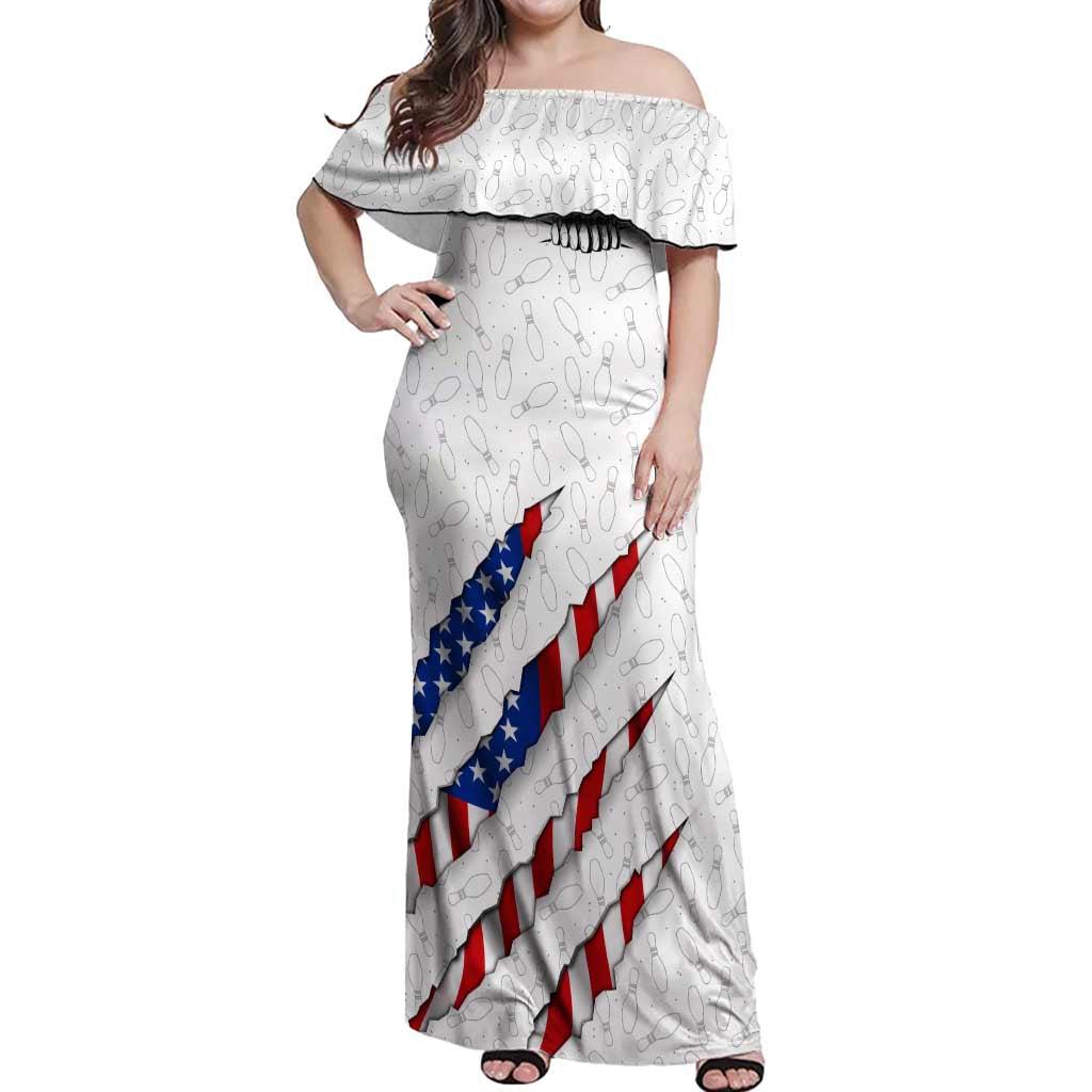 Personalized American Flag Bowling Team Off Shoulder Maxi Dress Pins and Ball Torn Stripes and Patterned White - Wonder Print Shop