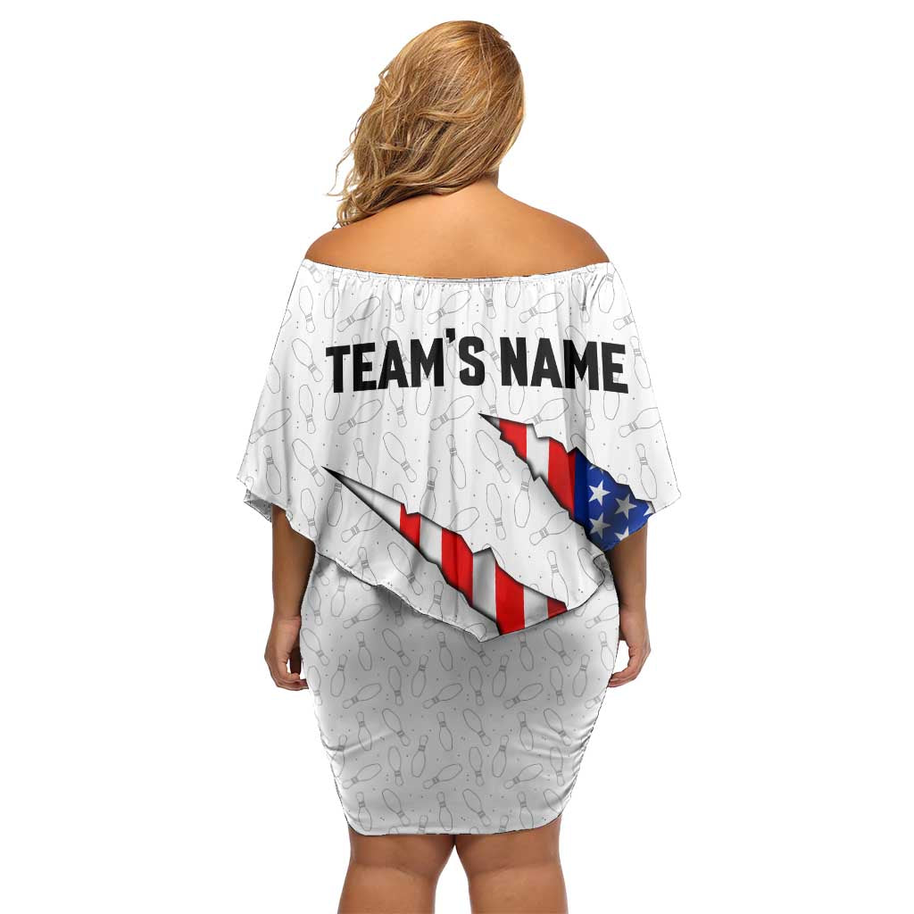 Personalized American Flag Bowling Team Off Shoulder Short Dress Pins and Ball Torn Stripes and Patterned White - Wonder Print Shop