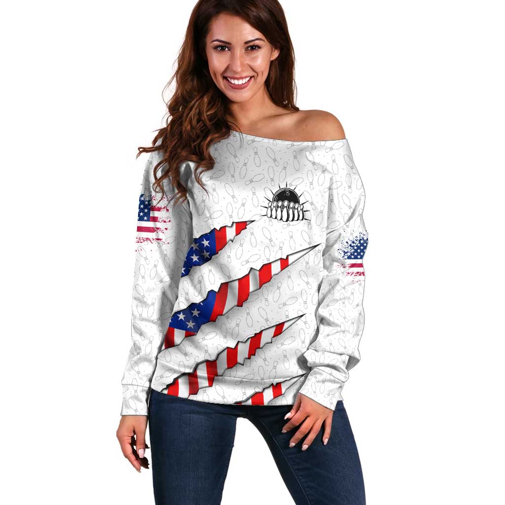 Personalized American Flag Bowling Team Off Shoulder Sweater Pins and Ball Torn Stripes and Patterned White - Wonder Print Shop