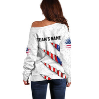 Personalized American Flag Bowling Team Off Shoulder Sweater Pins and Ball Torn Stripes and Patterned White - Wonder Print Shop