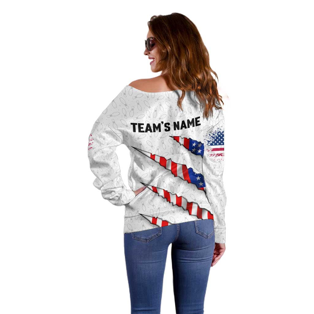 Personalized American Flag Bowling Team Off Shoulder Sweater Pins and Ball Torn Stripes and Patterned White - Wonder Print Shop