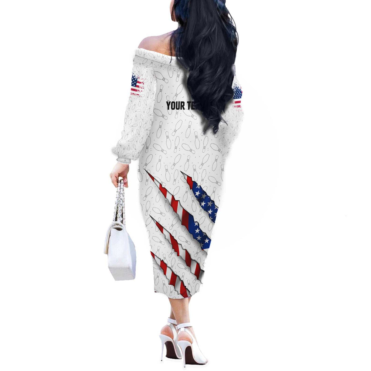 Personalized American Flag Bowling Team Off The Shoulder Long Sleeve Dress Pins and Ball Torn Stripes and Patterned White - Wonder Print Shop