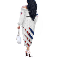 Personalized American Flag Bowling Team Off The Shoulder Long Sleeve Dress Pins and Ball Torn Stripes and Patterned White - Wonder Print Shop
