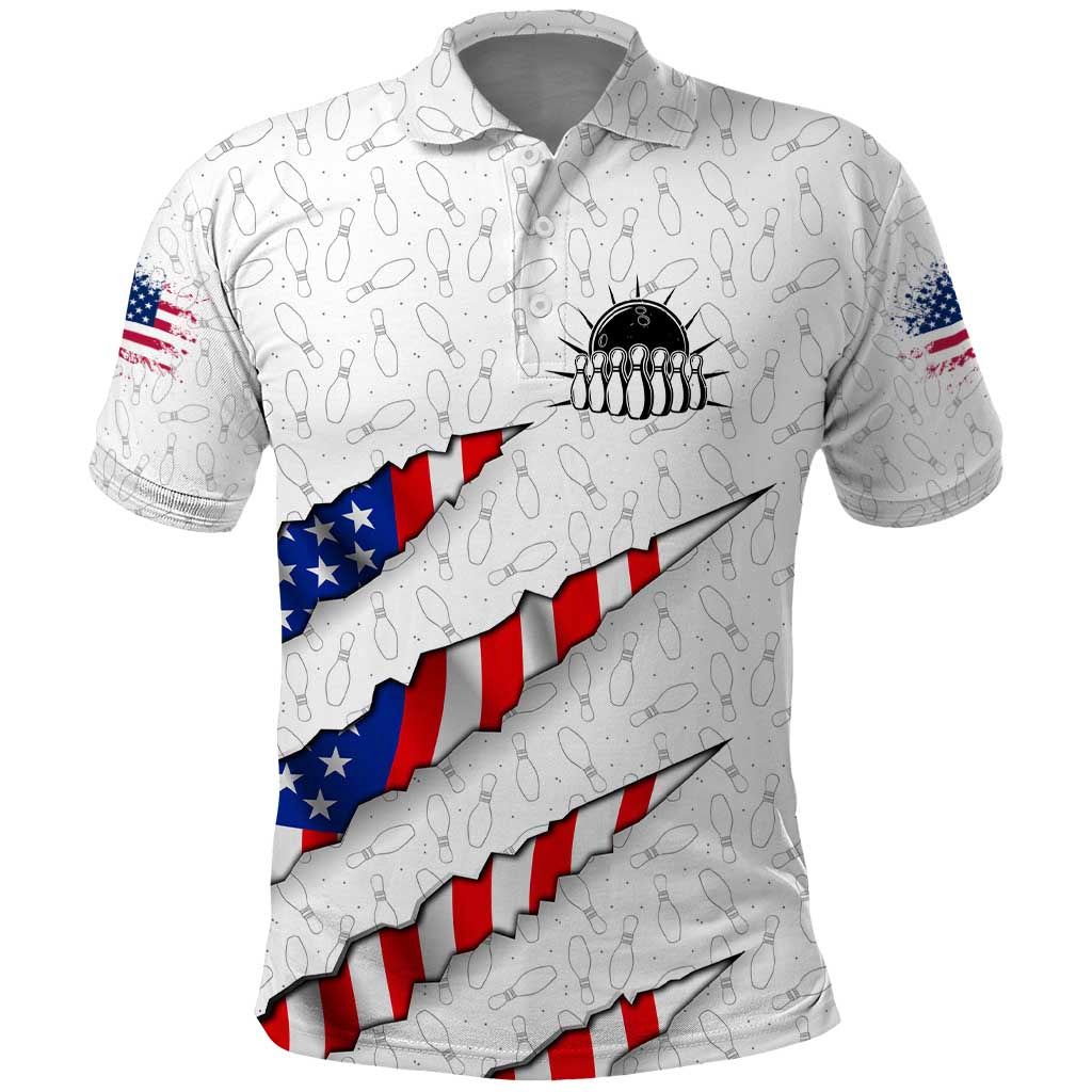 Personalized American Flag Bowling Team Polo Shirt Pins and Ball Torn Stripes and Patterned White - Wonder Print Shop