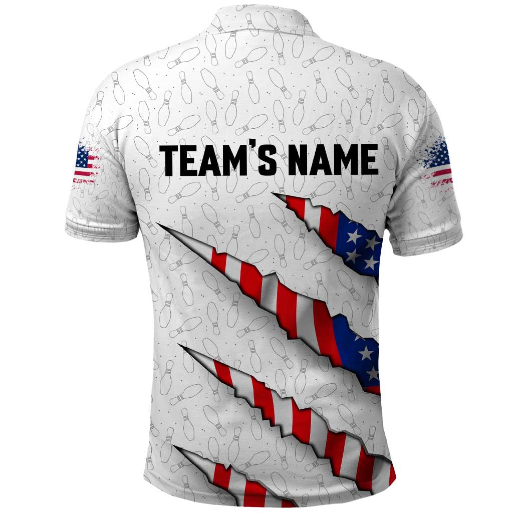 Personalized American Flag Bowling Team Polo Shirt Pins and Ball Torn Stripes and Patterned White - Wonder Print Shop