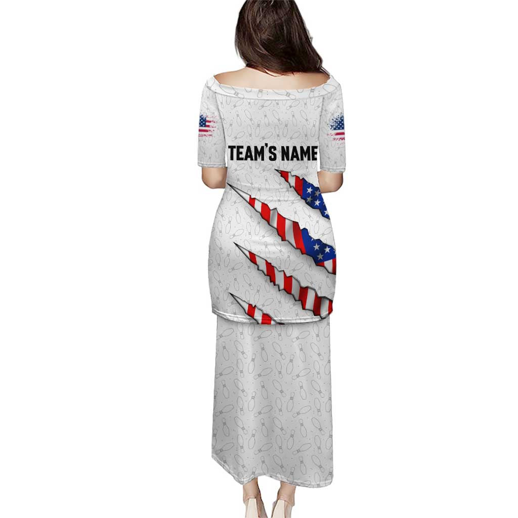 Personalized American Flag Bowling Team Puletasi Pins and Ball Torn Stripes and Patterned White - Wonder Print Shop