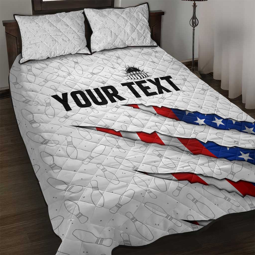 Personalized American Flag Bowling Team Quilt Bed Set Pins and Ball Torn Stripes and Patterned White - Wonder Print Shop