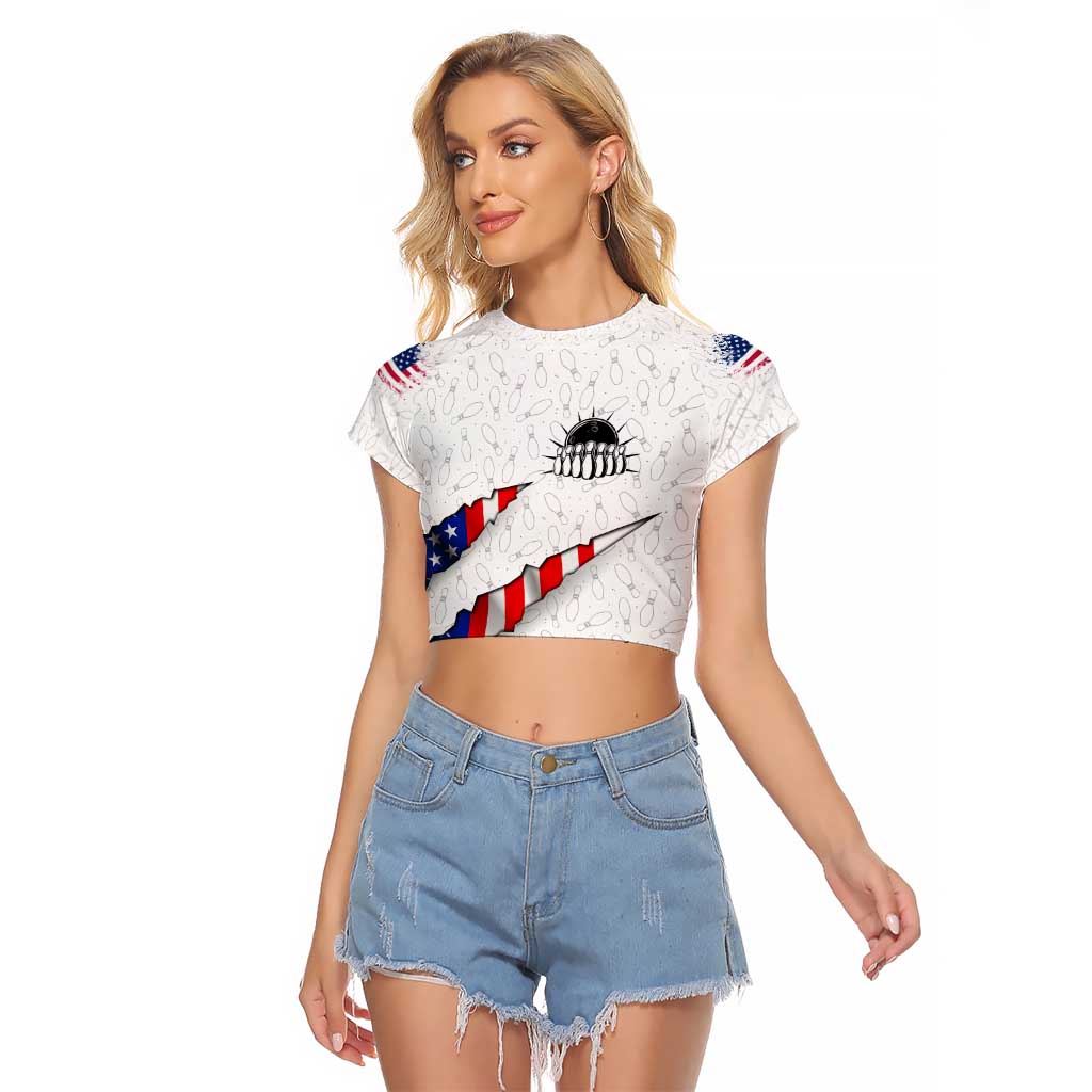 Personalized American Flag Bowling Team Raglan Cropped T Shirt Pins and Ball Torn Stripes and Patterned White - Wonder Print Shop
