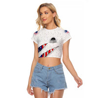 Personalized American Flag Bowling Team Raglan Cropped T Shirt Pins and Ball Torn Stripes and Patterned White - Wonder Print Shop