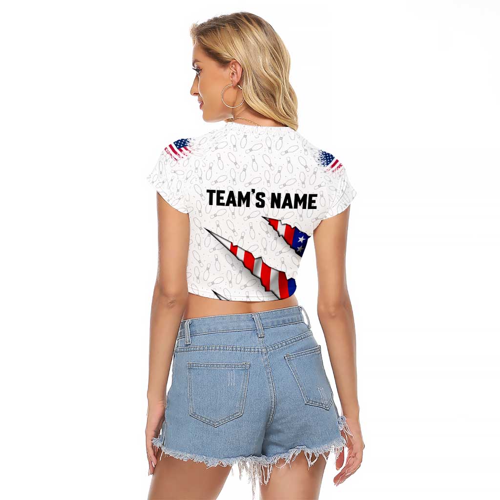 Personalized American Flag Bowling Team Raglan Cropped T Shirt Pins and Ball Torn Stripes and Patterned White - Wonder Print Shop