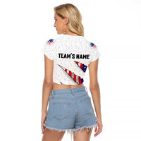 Personalized American Flag Bowling Team Raglan Cropped T Shirt Pins and Ball Torn Stripes and Patterned White - Wonder Print Shop