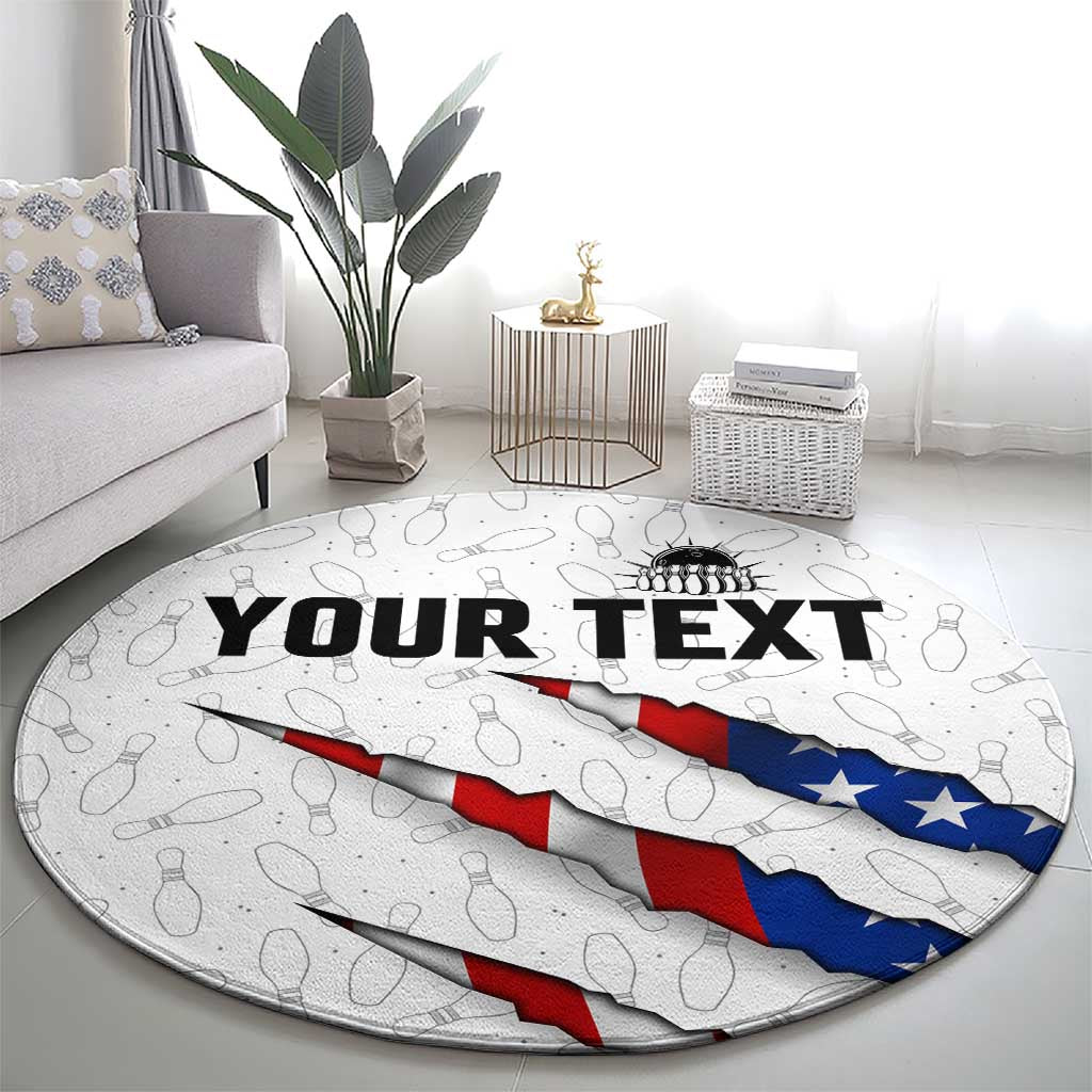 Personalized American Flag Bowling Team Round Carpet Pins and Ball Torn Stripes and Patterned White - Wonder Print Shop