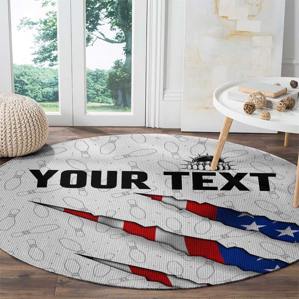 Personalized American Flag Bowling Team Round Carpet Pins and Ball Torn Stripes and Patterned White - Wonder Print Shop