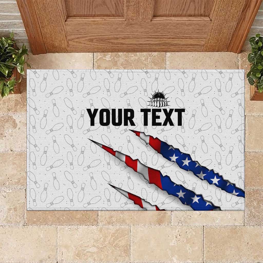 Personalized American Flag Bowling Team Rubber Doormat Pins and Ball Torn Stripes and Patterned White - Wonder Print Shop