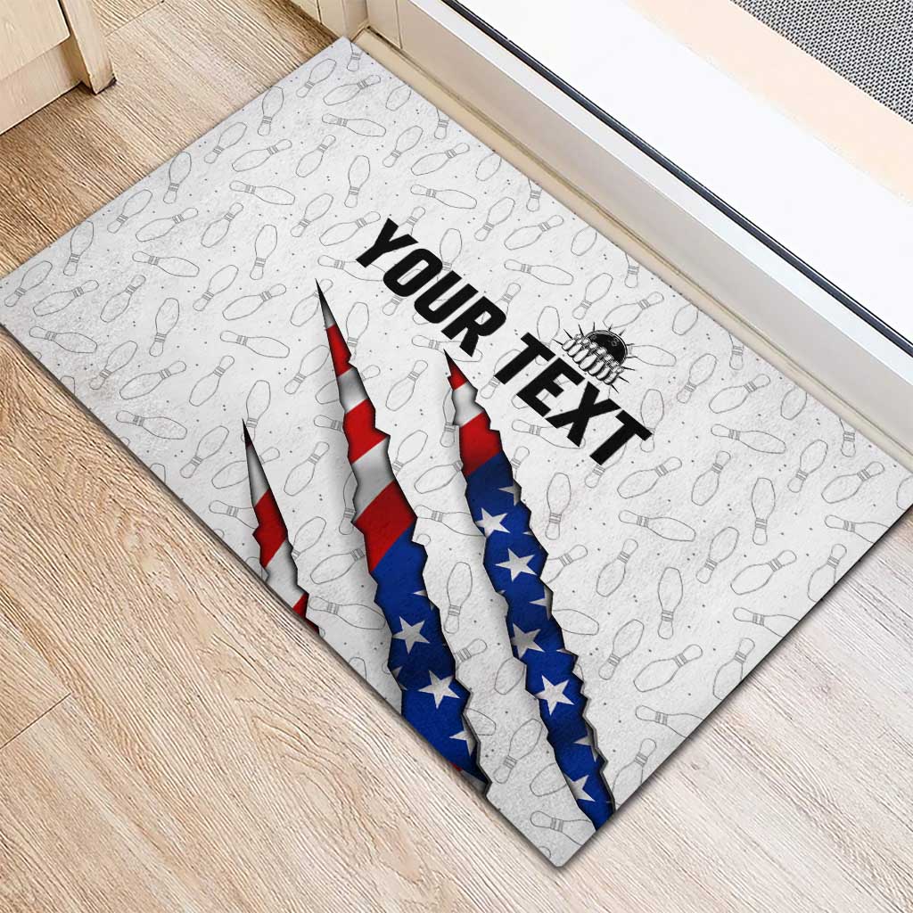 Personalized American Flag Bowling Team Rubber Doormat Pins and Ball Torn Stripes and Patterned White - Wonder Print Shop