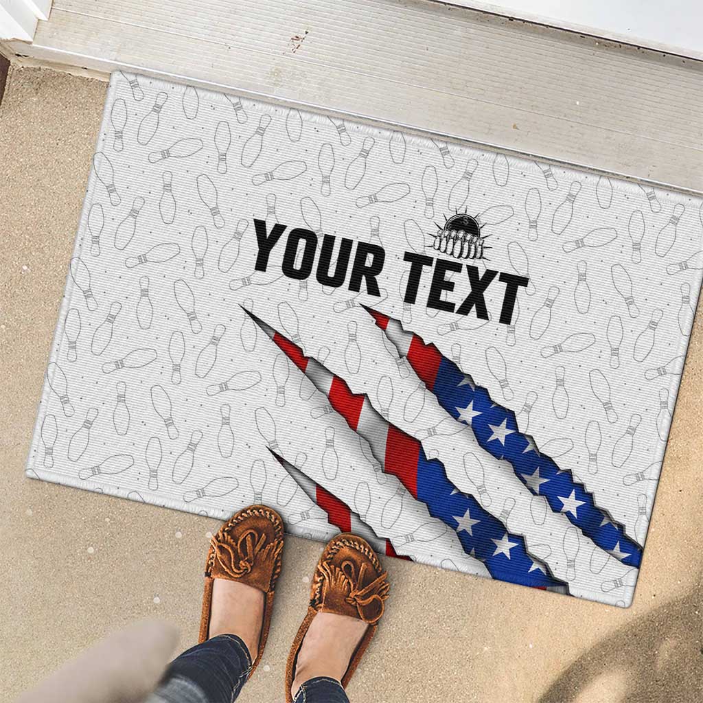 Personalized American Flag Bowling Team Rubber Doormat Pins and Ball Torn Stripes and Patterned White - Wonder Print Shop