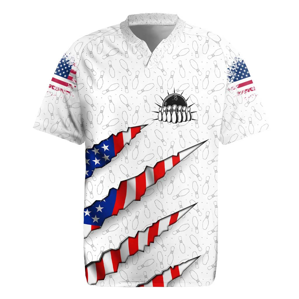 Personalized American Flag Bowling Team Rugby Jersey Pins and Ball Torn Stripes and Patterned White - Wonder Print Shop