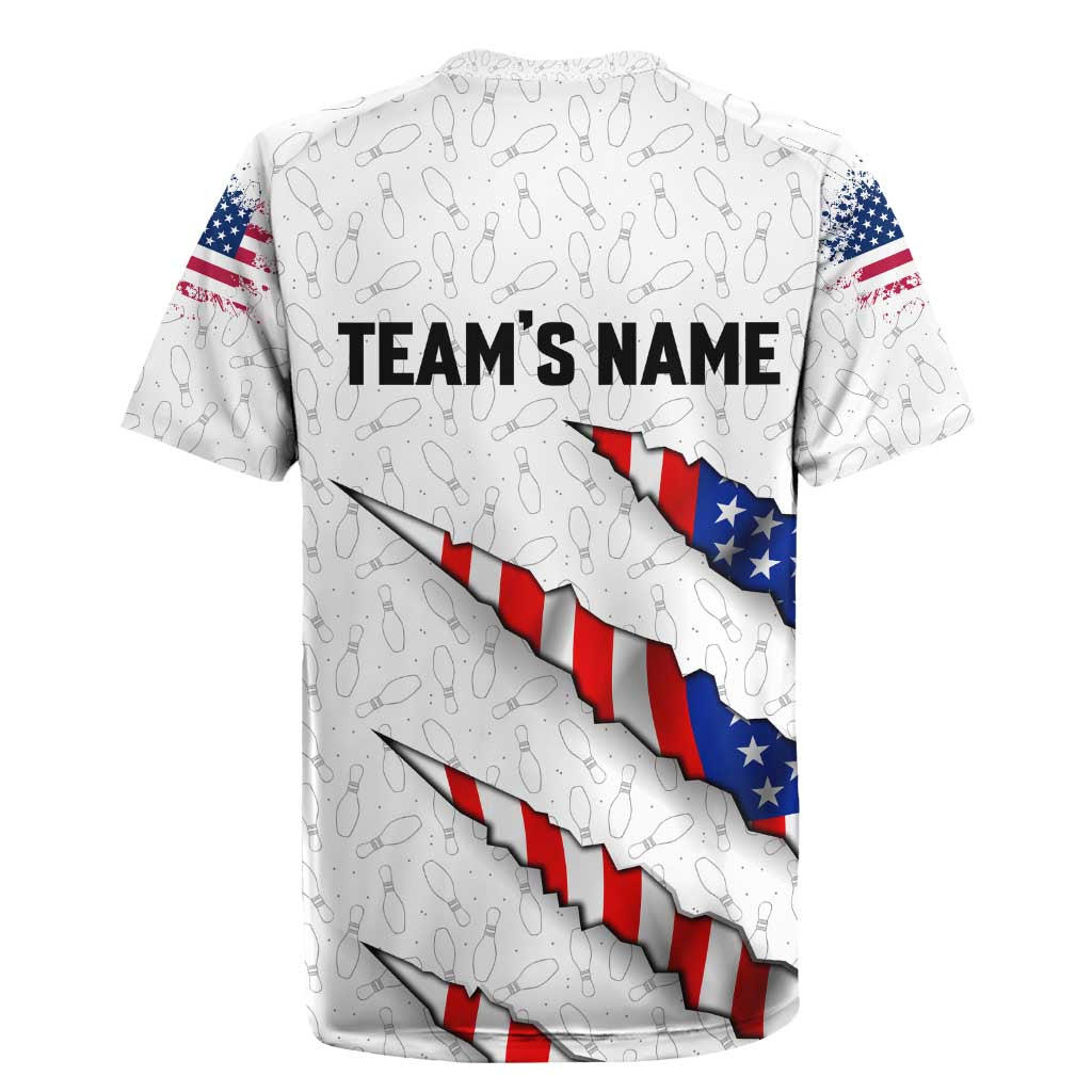 Personalized American Flag Bowling Team Rugby Jersey Pins and Ball Torn Stripes and Patterned White - Wonder Print Shop