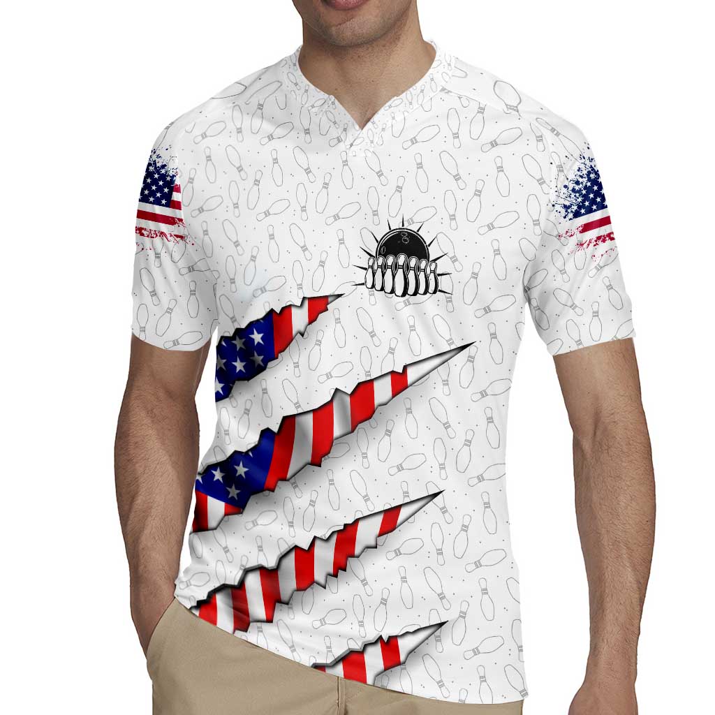 Personalized American Flag Bowling Team Rugby Jersey Pins and Ball Torn Stripes and Patterned White - Wonder Print Shop