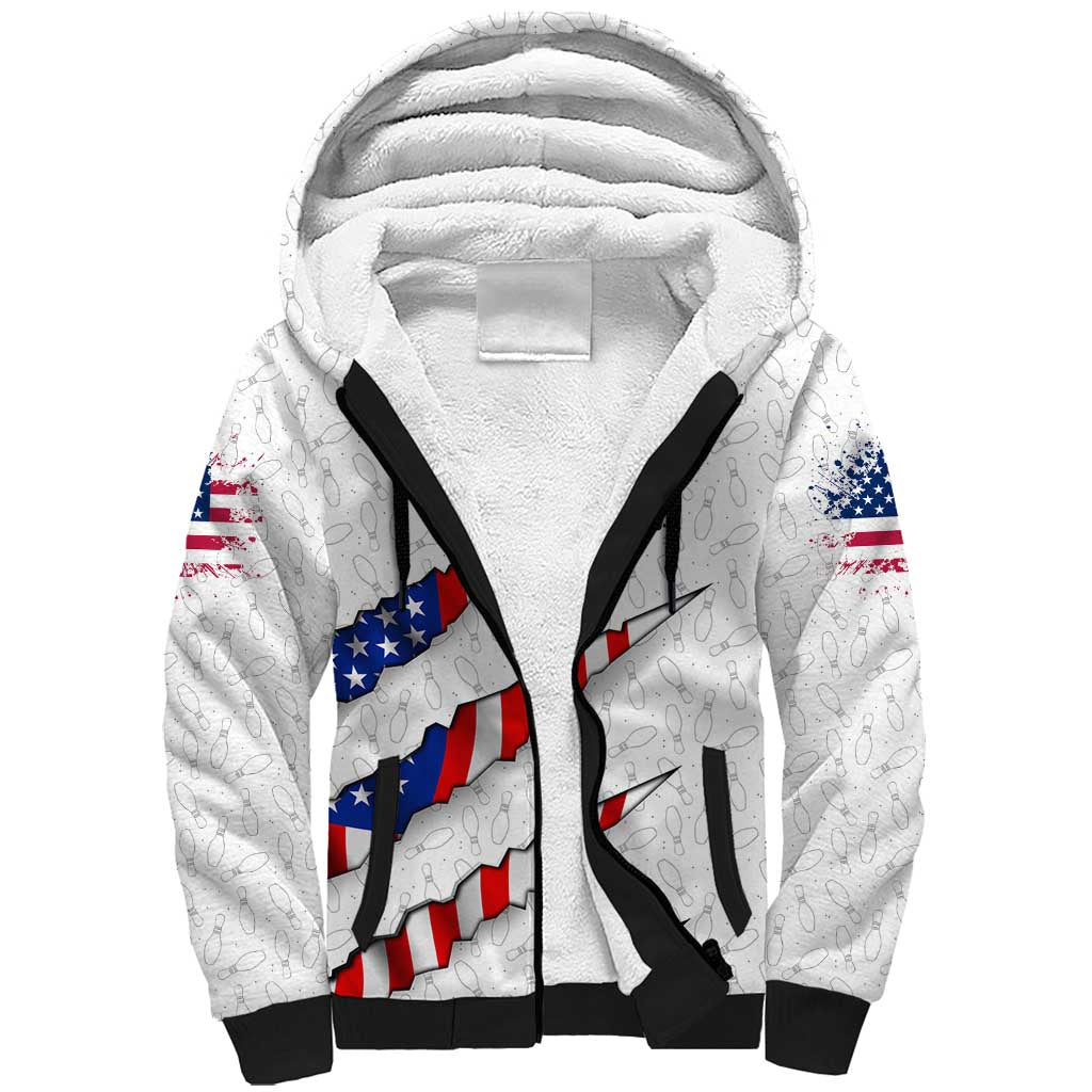 Personalized American Flag Bowling Team Sherpa Hoodie Pins and Ball Torn Stripes and Patterned White - Wonder Print Shop