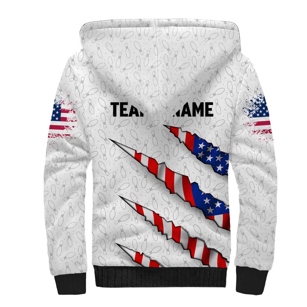 Personalized American Flag Bowling Team Sherpa Hoodie Pins and Ball Torn Stripes and Patterned White - Wonder Print Shop