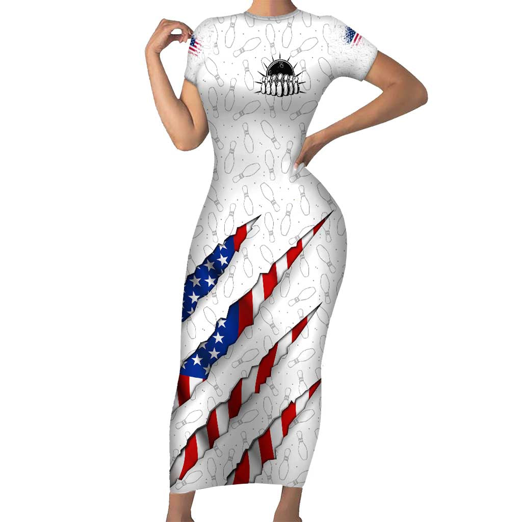 Personalized American Flag Bowling Team Short Sleeve Bodycon Dress Pins and Ball Torn Stripes and Patterned White - Wonder Print Shop