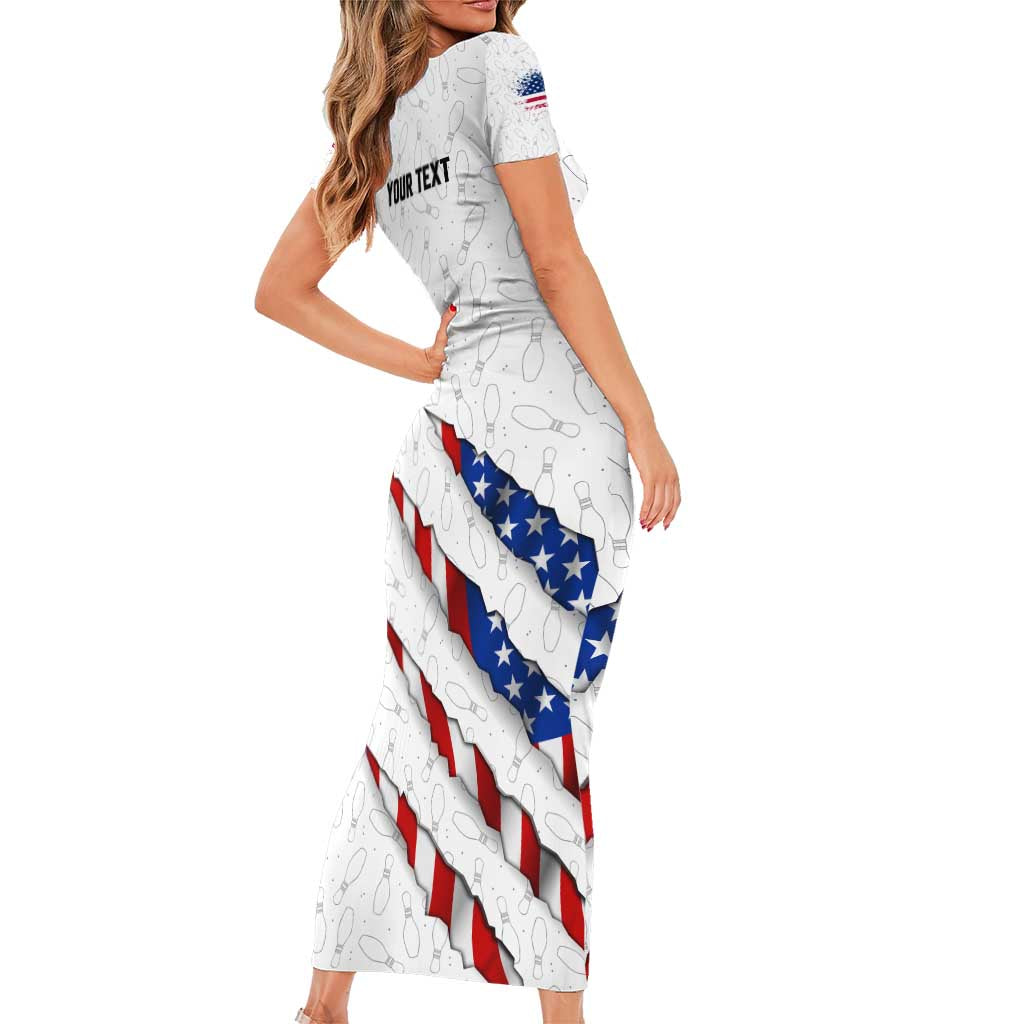 Personalized American Flag Bowling Team Short Sleeve Bodycon Dress Pins and Ball Torn Stripes and Patterned White - Wonder Print Shop
