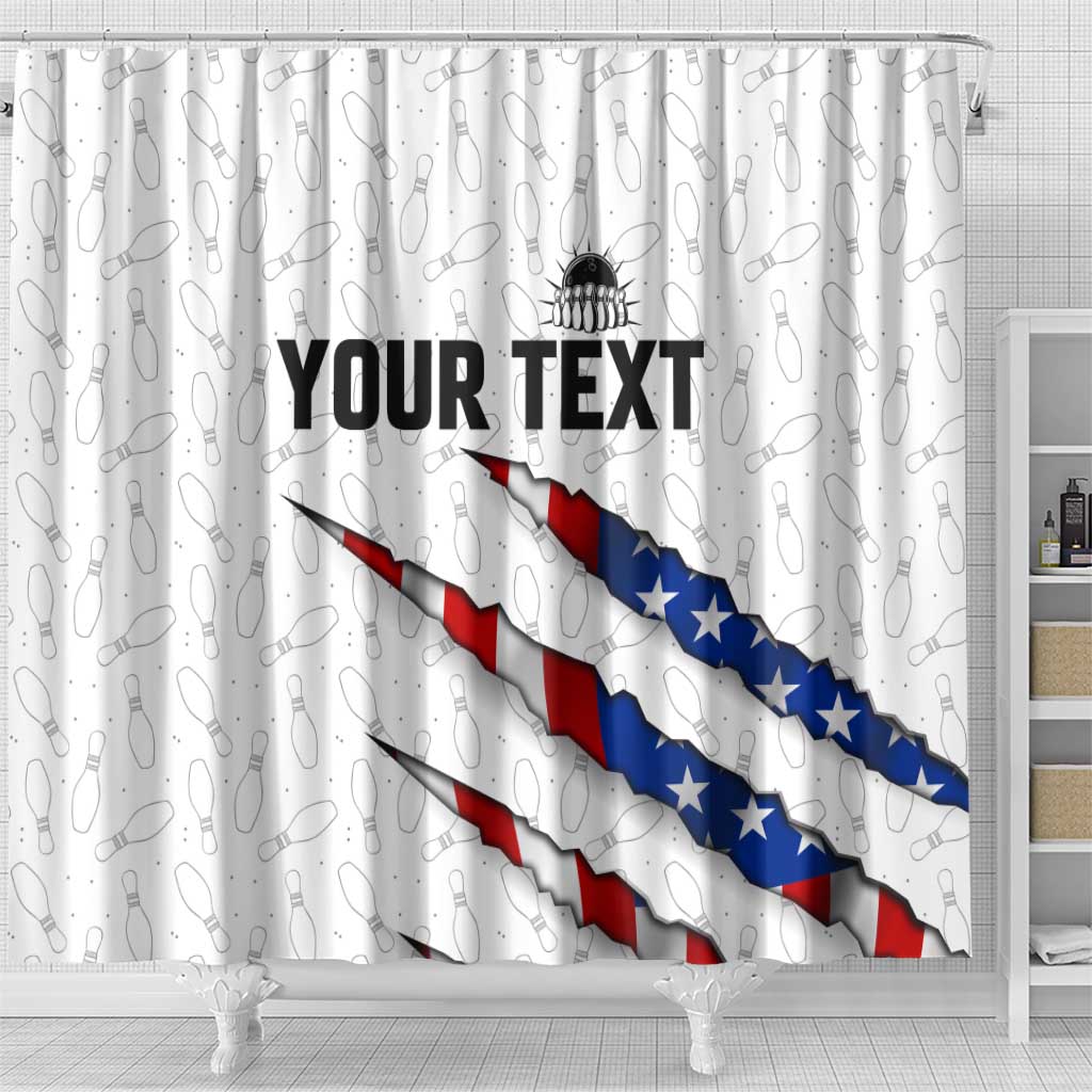 Personalized American Flag Bowling Team Shower Curtain Pins and Ball Torn Stripes and Patterned White - Wonder Print Shop