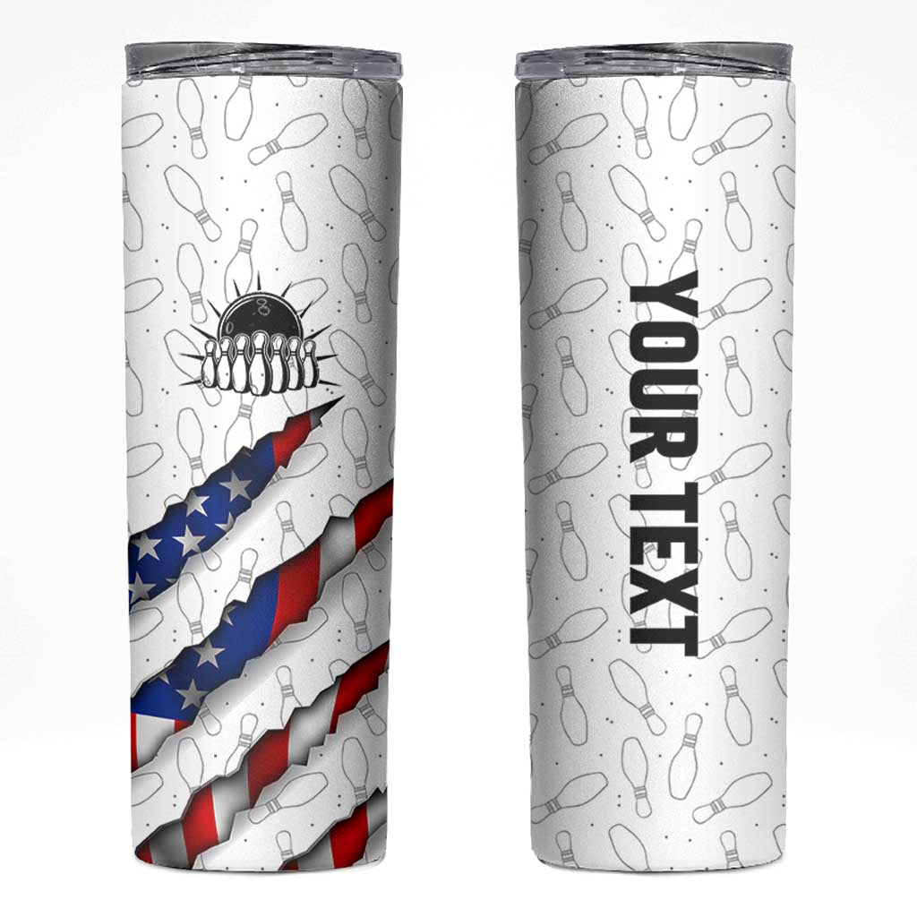 Personalized American Flag Bowling Team Skinny Tumbler Pins and Ball Torn Stripes and Patterned White - Wonder Print Shop