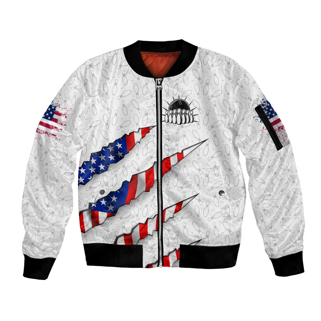 Personalized American Flag Bowling Team Sleeve Zip Bomber Jacket Pins and Ball Torn Stripes and Patterned White - Wonder Print Shop