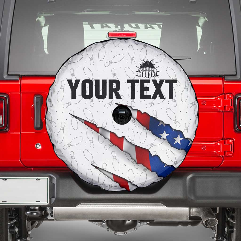Personalized American Flag Bowling Team Spare Tire Cover Pins and Ball Torn Stripes and Patterned White - Wonder Print Shop
