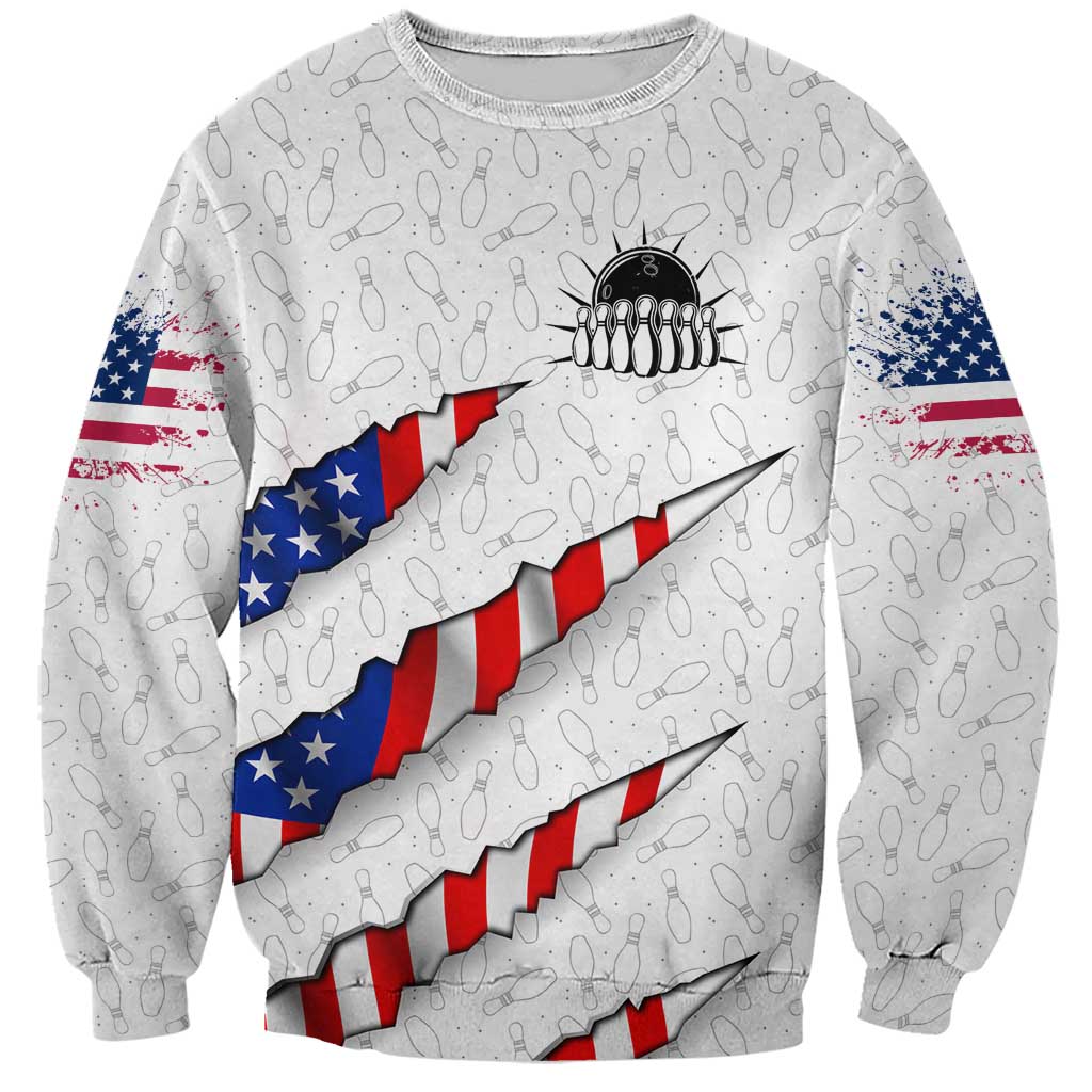 Personalized American Flag Bowling Team Sweatshirt Pins and Ball Torn Stripes and Patterned White - Wonder Print Shop