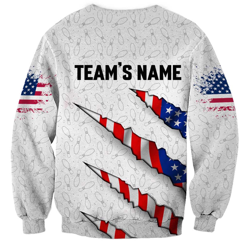Personalized American Flag Bowling Team Sweatshirt Pins and Ball Torn Stripes and Patterned White - Wonder Print Shop