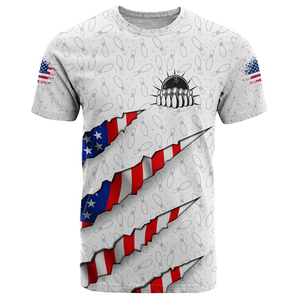 Personalized American Flag Bowling Team T Shirt Pins and Ball Torn Stripes and Patterned White - Wonder Print Shop